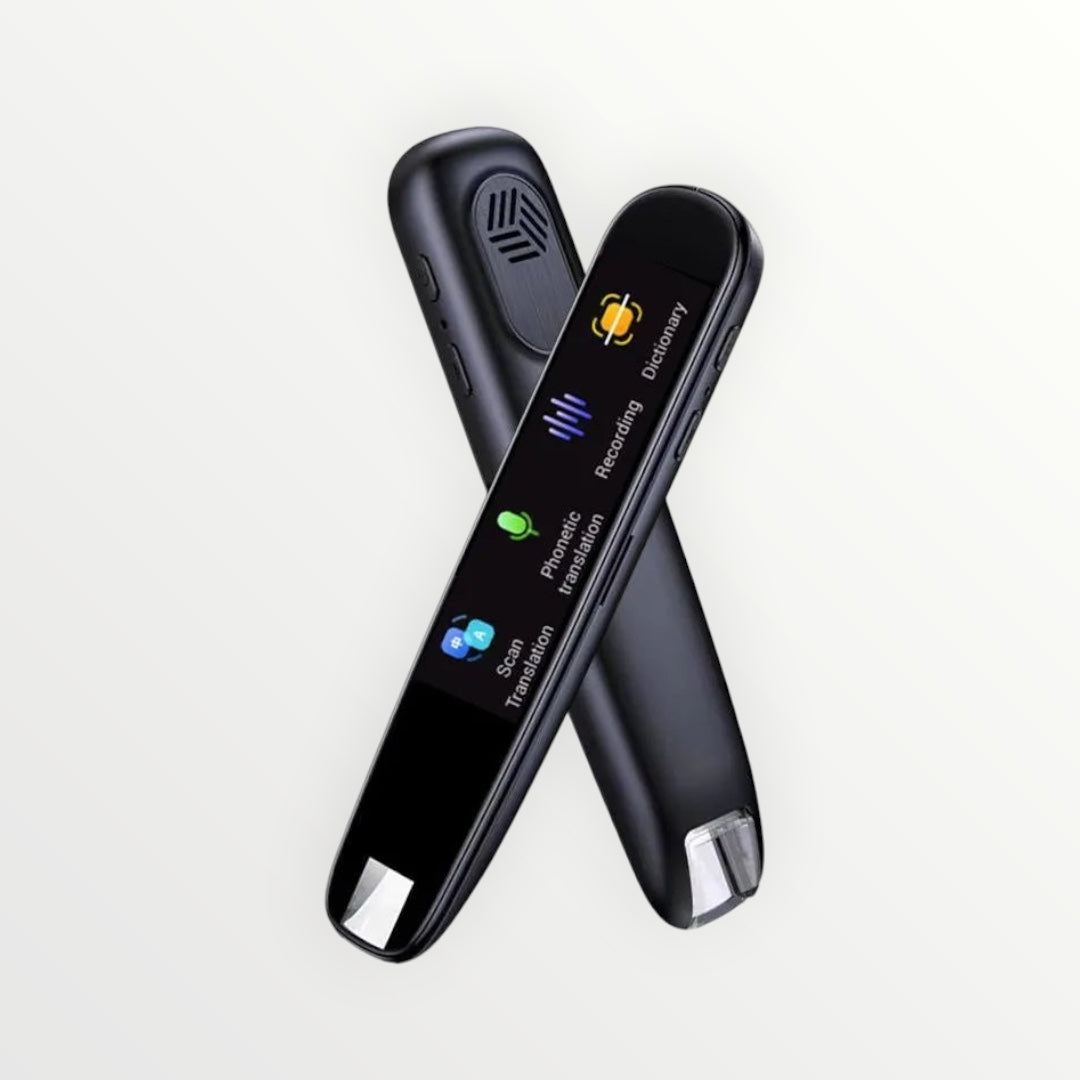 Hostecno black travel translator pen with OCR technology for scan and phonetic translation, recording, and dictionary functions.