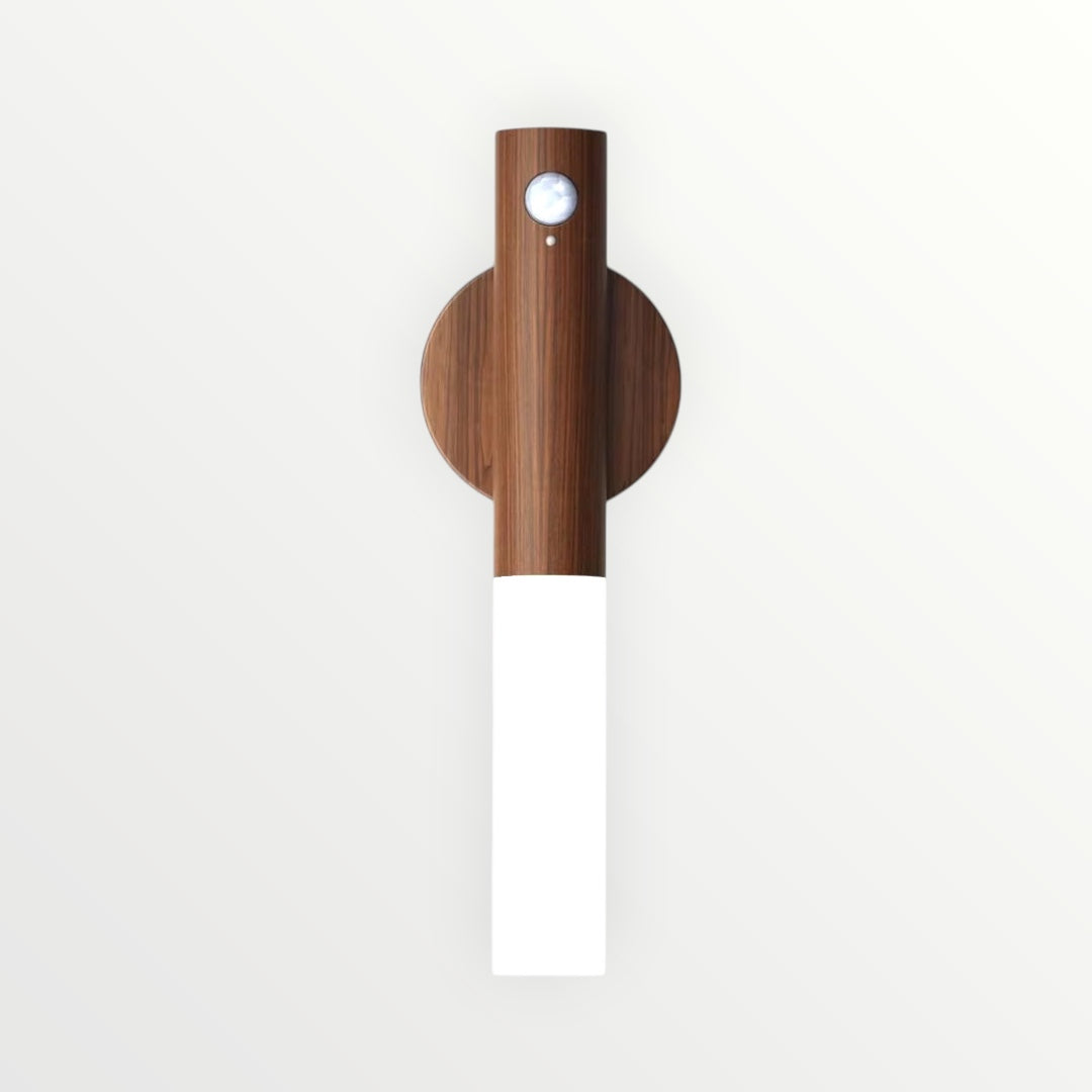 Hostecno walnut wood motion sensor night light with magnetic wall sconce design, USB rechargeable.