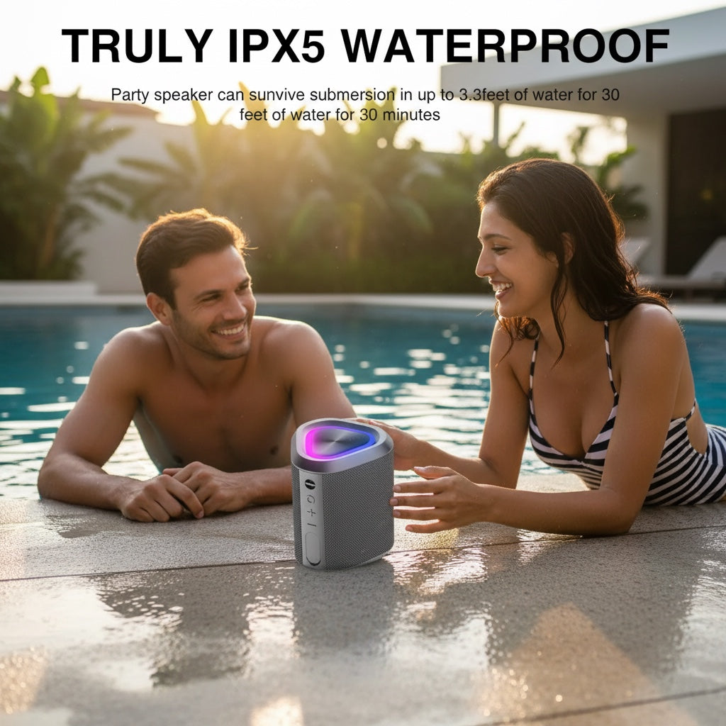 Hostecno gray fabric Bluetooth speaker with LED light ring, submerged in water with smiling swimmers.