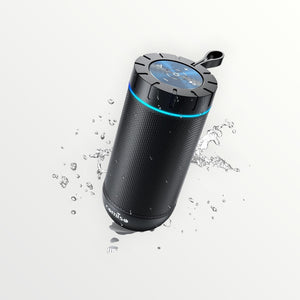 Hostecno black portable waterproof Bluetooth speaker with 360

 HD stereo sound and blue LED accent light, surrounded by water splashes.
