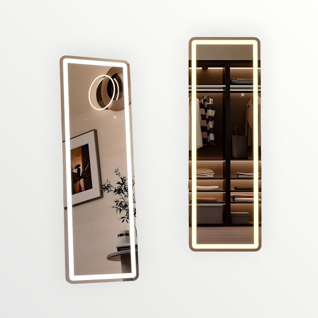 Hostecno white full-length LED floor mirror with integrated lighting, 60" x 16", rectangular, suitable for bedrooms or entryways.