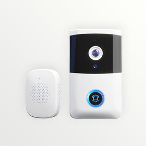 Hostecno white and black WiFi video doorbell with HD camera and blue illuminated bell button, next to a white chime.