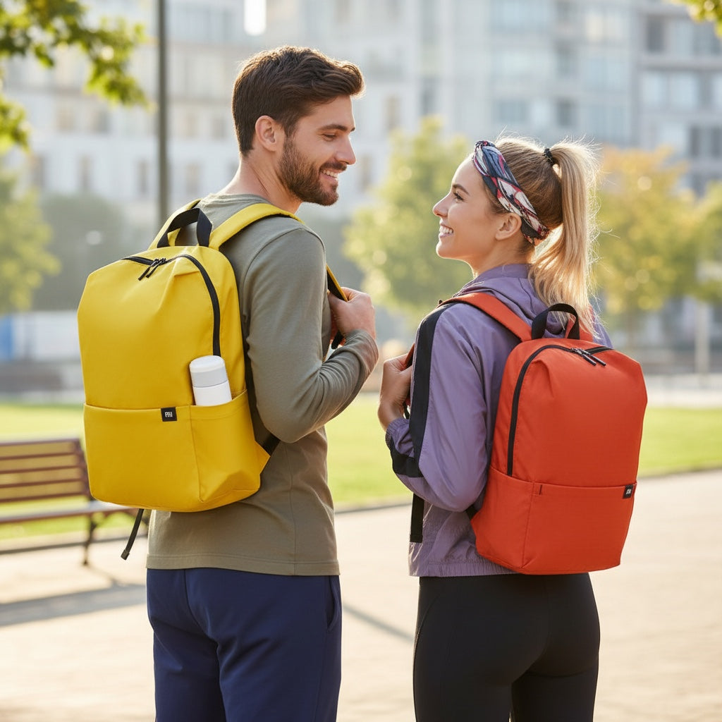 Hostecno Xiaomi Mi 10L waterproof yellow and orange unisex polyester backpacks with side pockets.