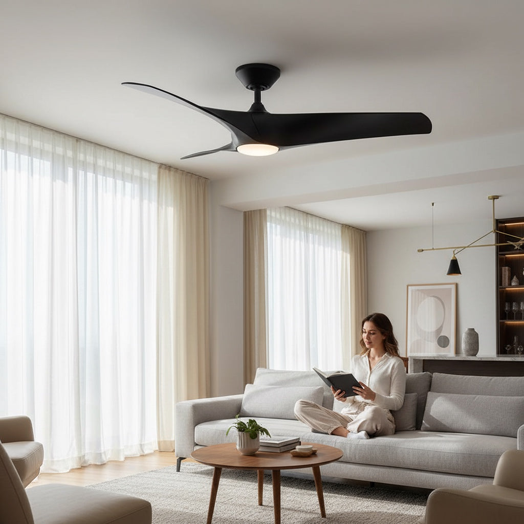 Hostecno Zephyr 52-inch matte black smart ceiling fan with three ABS blades and integrated LED light.